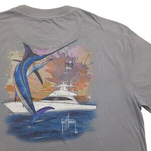 Guy Harvey Marlin Fishing Graphic T-Shirt Crew Neck Short Sleeve Gray Mens Large